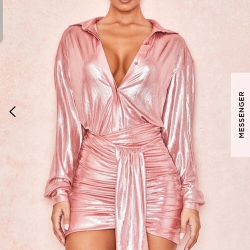House of CB Pink Metallic Ruched Mini Skirt Size large L